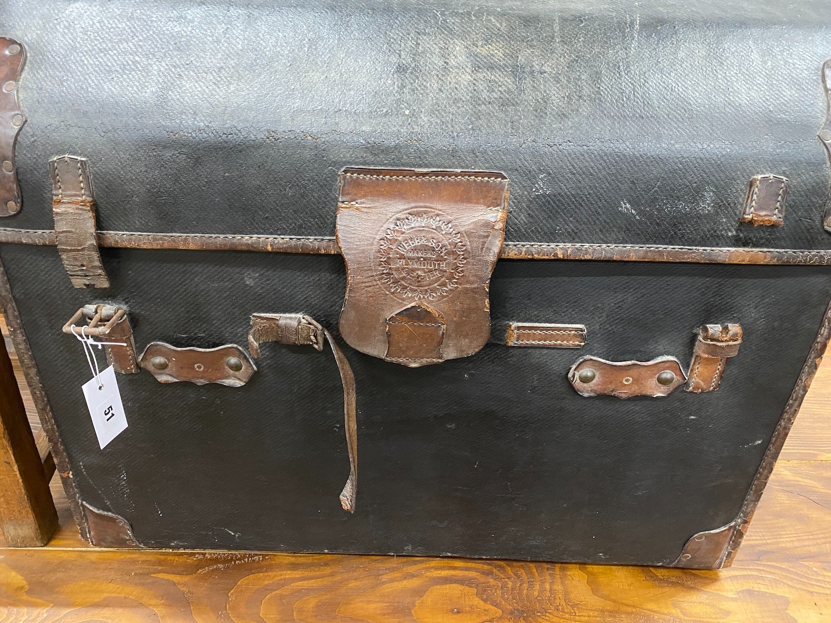 A Victorian leather dome top trunk with original interior by Webb & Son, Plymouth and Exeter, length 77cm, depth 52cm, height 62cm